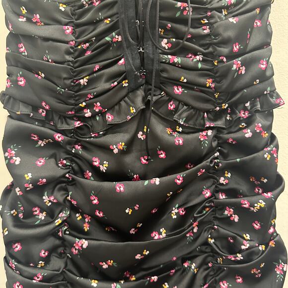 For Love and Lemons Pansy Floral Black Satin Lace Mini Dress Ruched Bodycon Club - Picture 6 of 11